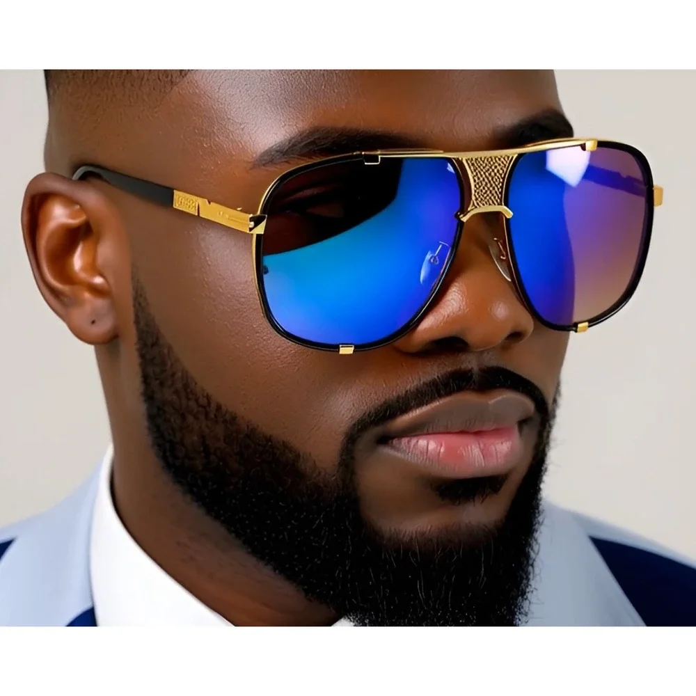 Sunglasses Gold Frame Blue‎ Mirror Lens Fashion Pilot Sun Glasses  Beach Driving